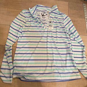 HIHO WOMENS SMALL MULTI PURPLE GREEN STRIPE SUNTEK ZIP SHIRT SPF 50 NWT